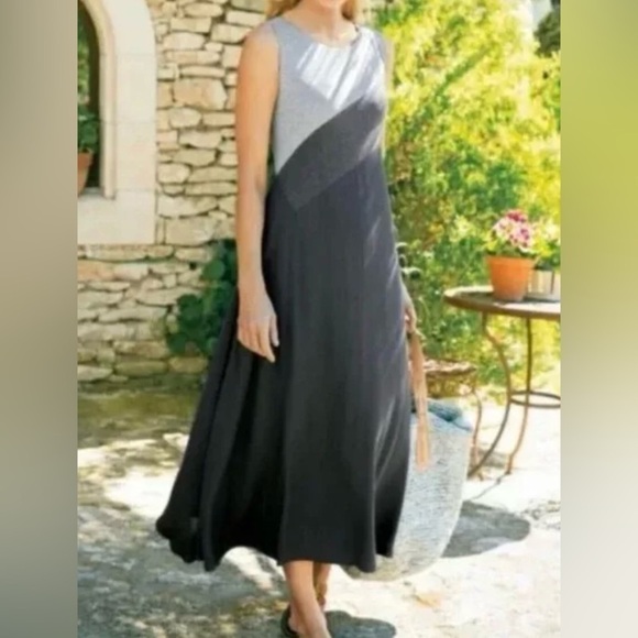 Soft Surroundings Flatter Me Asymmetric Colorblock Flowy Maxi Dress L Grey - Picture 1 of 8